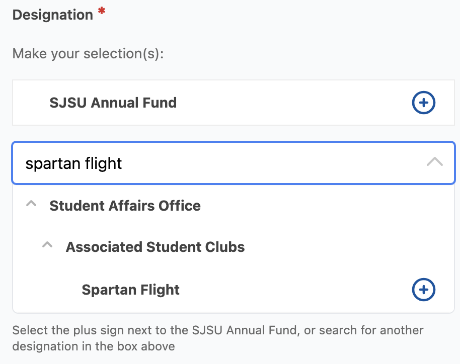 SJSU Give Now instructions showing how to find Spartan Flight